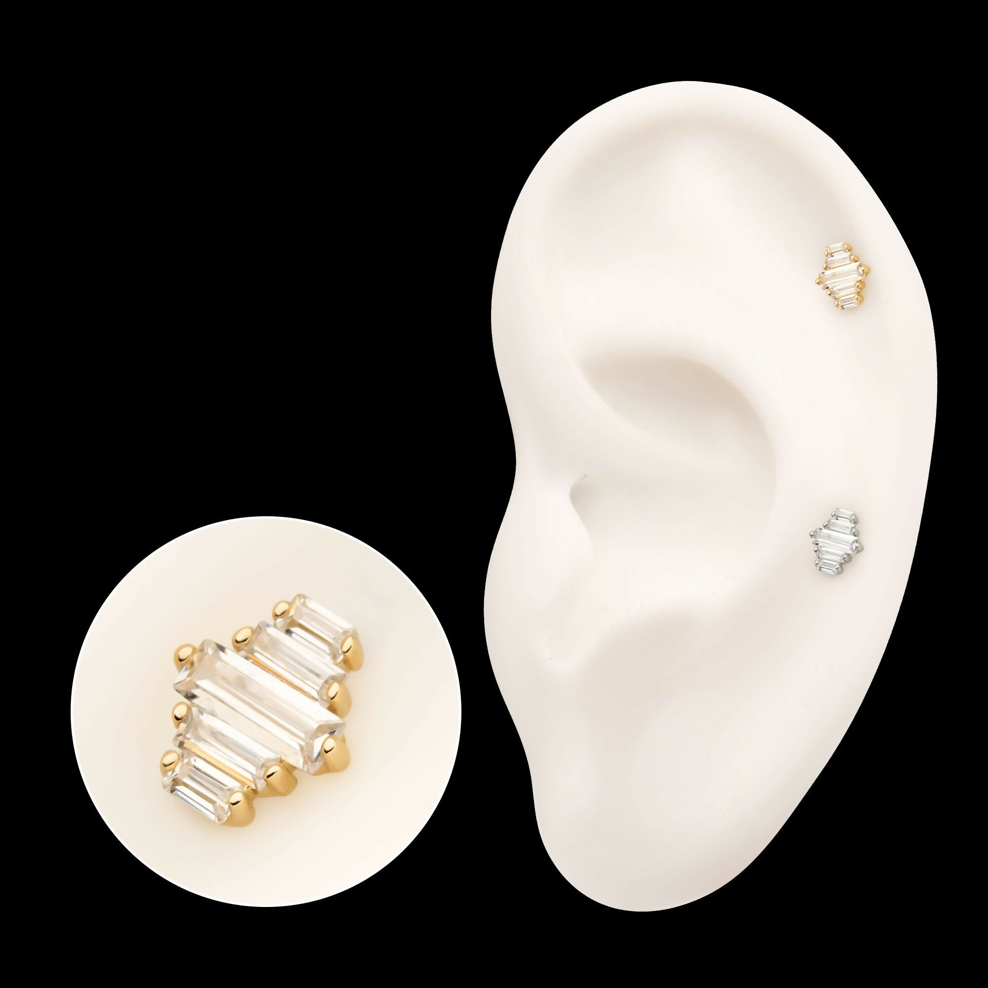 14Kt Gold Threadless 3D Geometric Baguette Gem Top