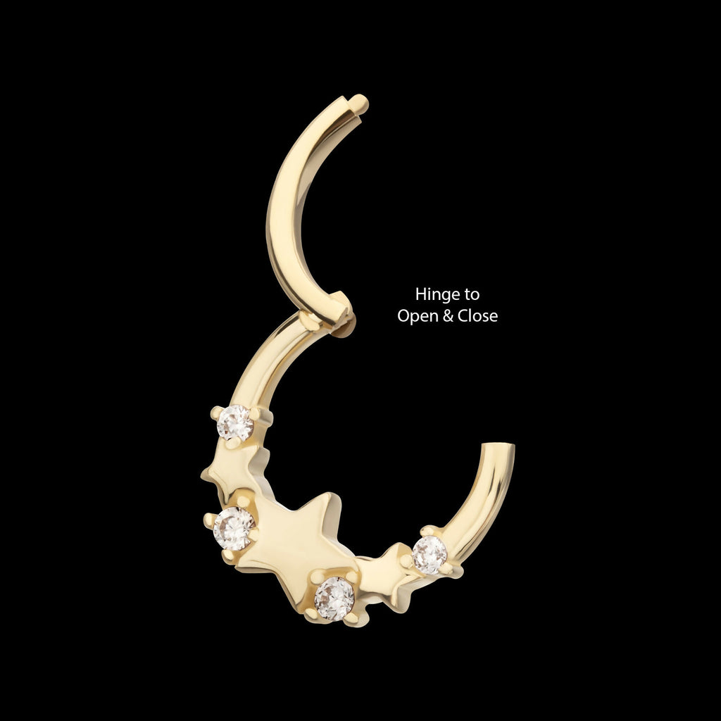 Triple Staggered Star with Prong Set Gem Front Facing Hinged Segment Clicker Hoop Earring / Nosering – 14Kt Yellow Gold