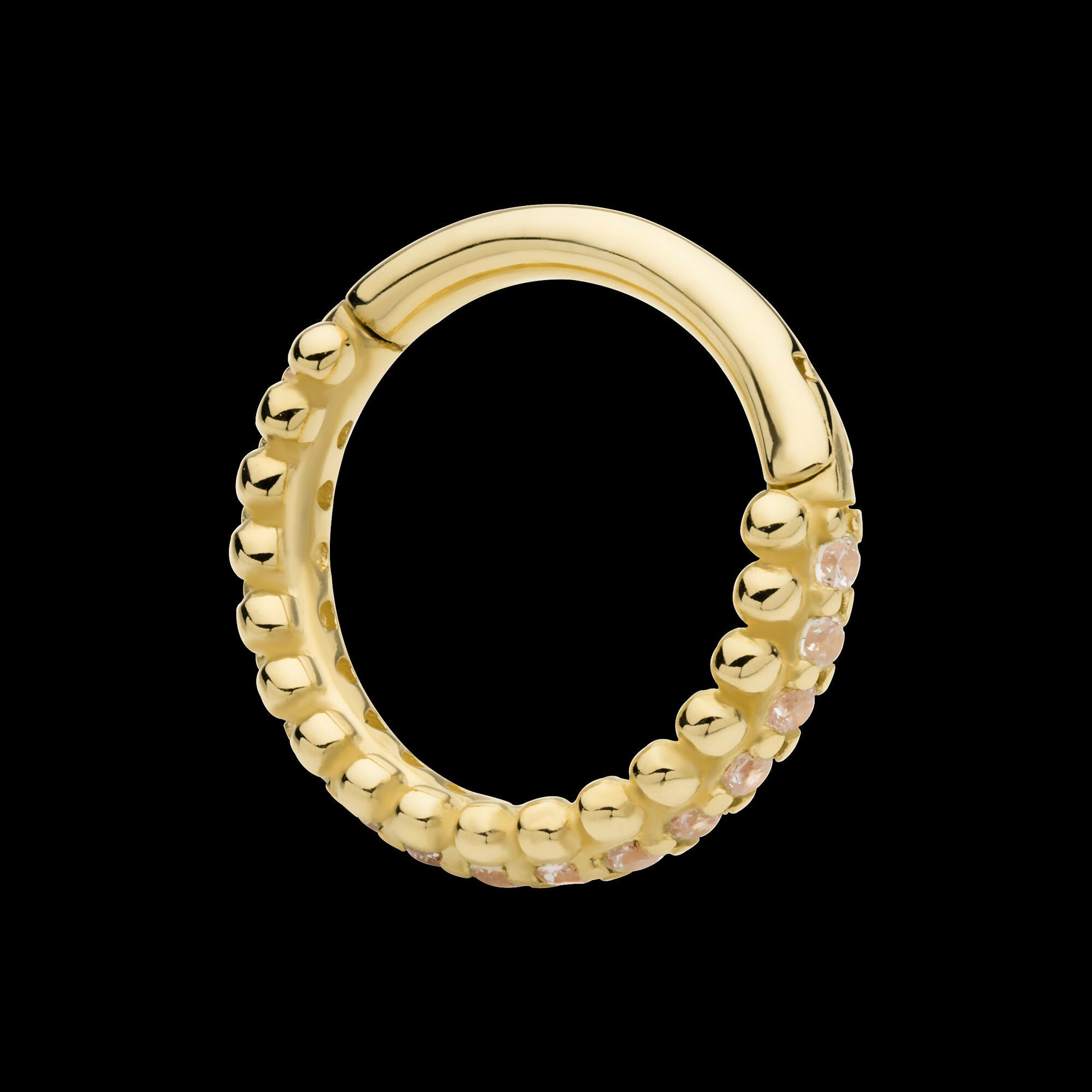 Double Row Beads & Prong Set Round CZ Cluster Hinged Segment Clicker Hoop Earring / Nosering – 14Kt Yellow Gold