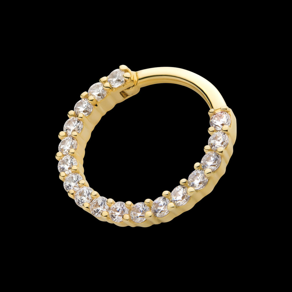 Prong Set Full Clear CZ Front Facing Hinged Segment Clicker Hoop Earring / Nosering – 14Kt Yellow Gold