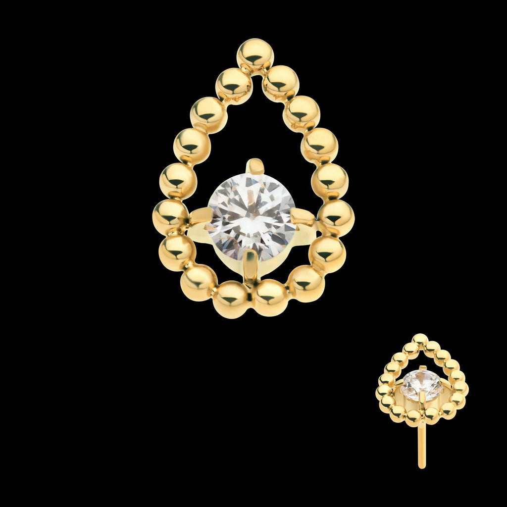 24Kt Gold PVD Titanium Threadless Hollow Teardrop Shape Beads with Prong Set CZ Top