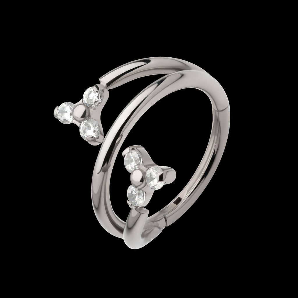 Double Ended Twist Side Facing Hinged Segment Clicker with Pronged Trinity CZ Hoop Earring / Nosering – Titanium