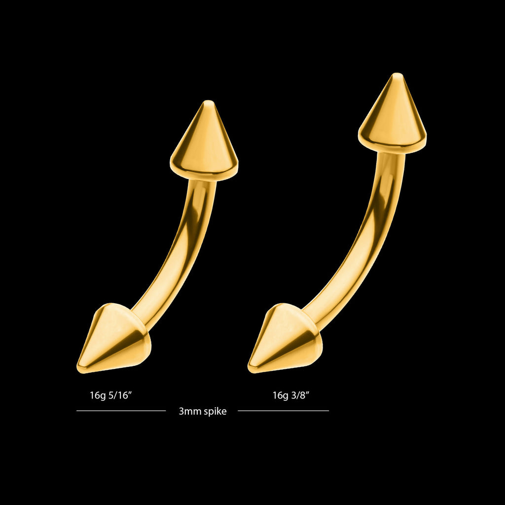 24KT Gold PVD Titanium Internally Threaded Spike End Curved Barbell Earring / Nosering