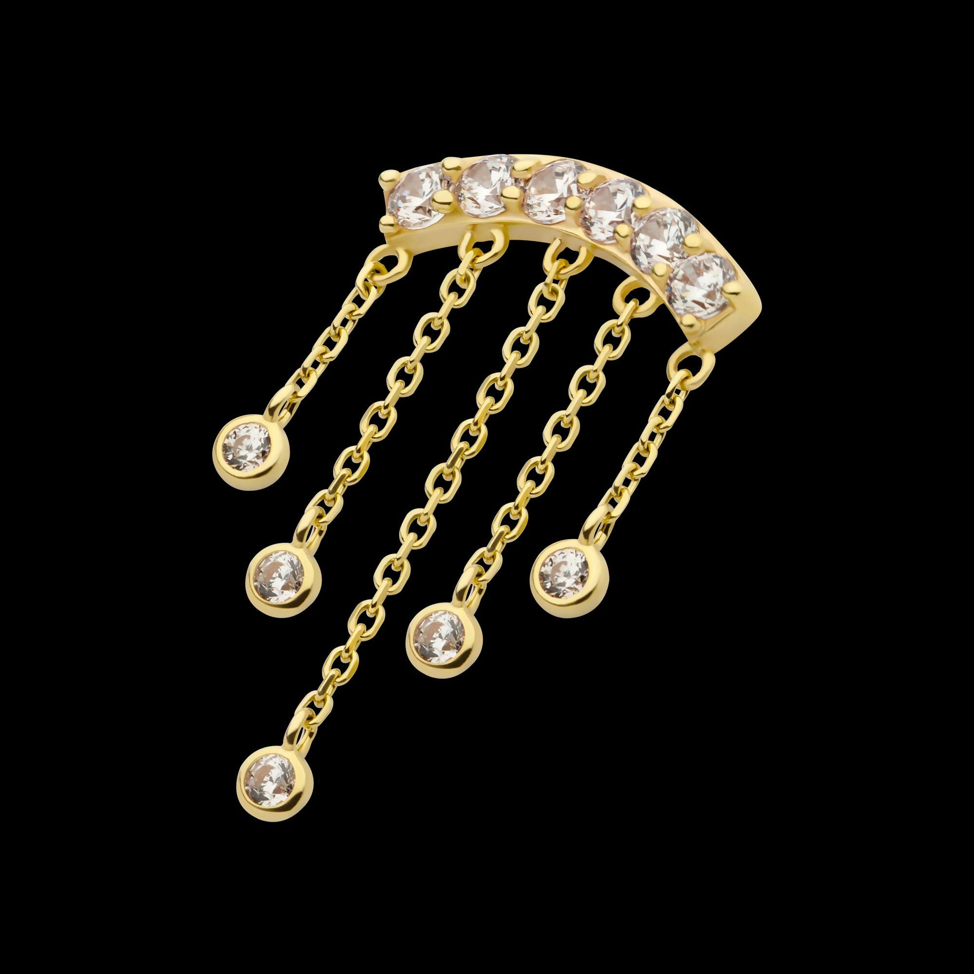 14Kt Gold Threadless 6 Cluster CZ Curved Bar Top with 5 Gemmed Dangle Chains