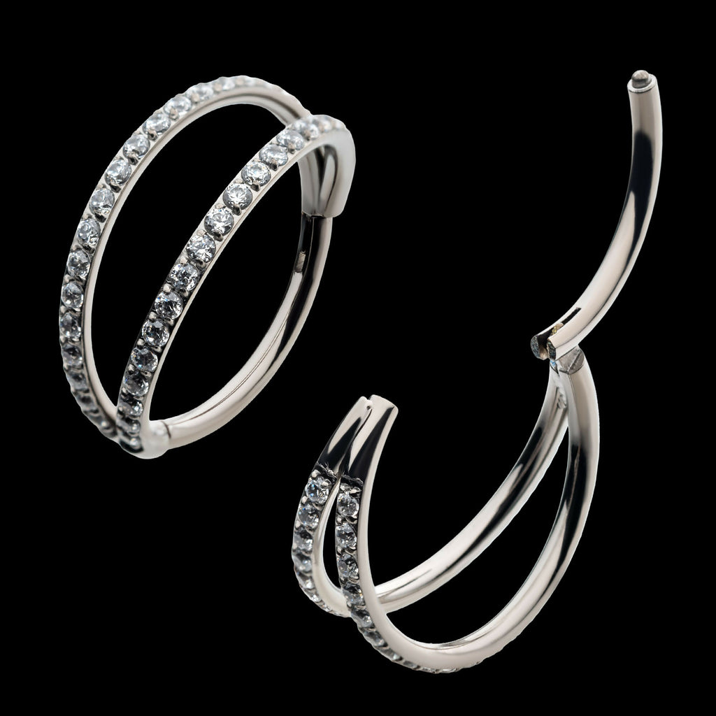 Double Hoop with CNC Set 1mm Eternity Gem Side Facing Hinged Segment Clicker Earring / Nosering – Titanium