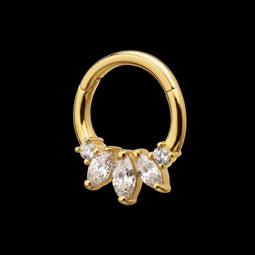 5-Cluster Prong Set Marquise & Round Clear CZ Front Facing Hinged Segment Clicker Hoop Earring / Nosering – 14Kt Yellow Gold