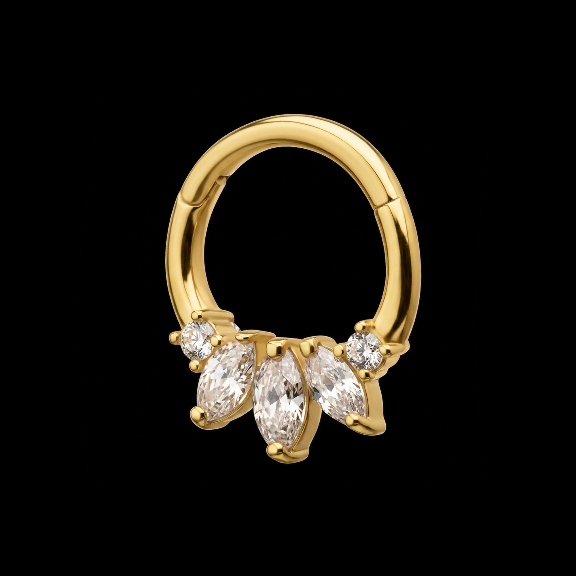 5-Cluster Prong Set Marquise & Round Clear CZ Front Facing Hinged Segment Clicker Hoop Earring / Nosering – 14Kt Yellow Gold
