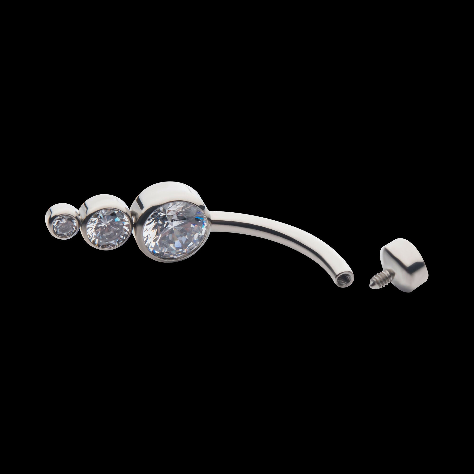 Internally Threaded with Bezel Set CZ 3-Drop Cluster Navel Curve Earring / Nosering – Titanium