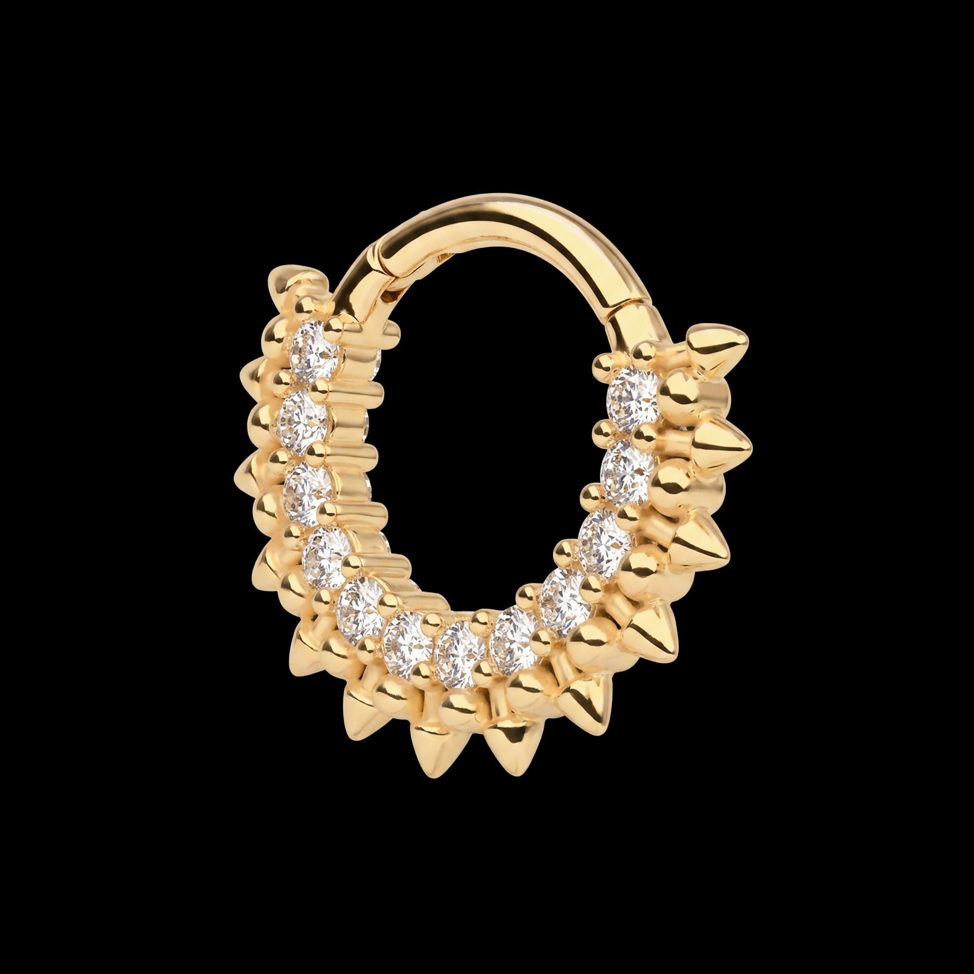 12-Cluster Prong Set Clear CZ Spiked Edge Front Facing Hinged Segment Clicker Hoop Earring / Nosering – 14Kt Yellow Gold
