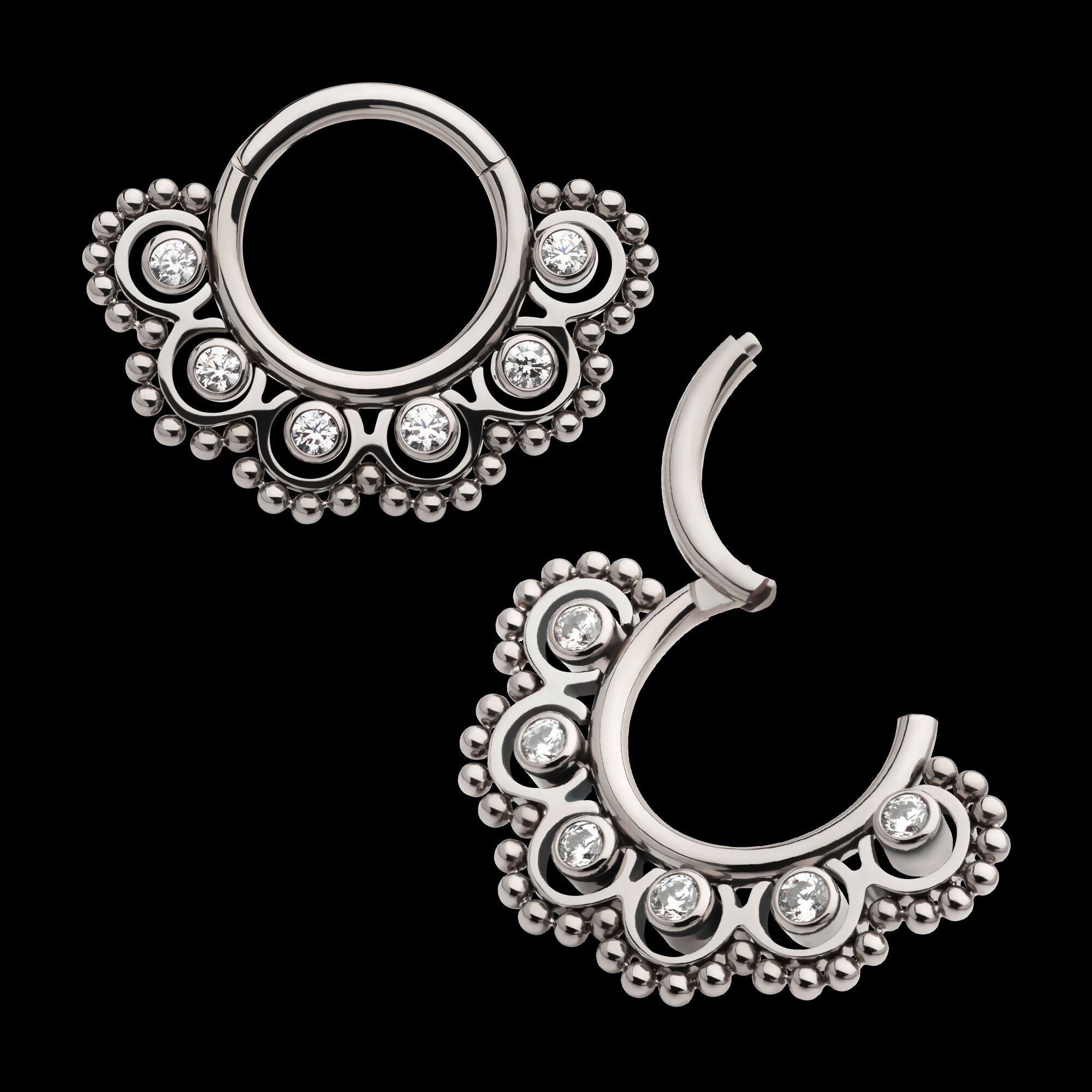 Beads & 6-Bezel Set Gem Front Facing Hinged Segment Clicker Hoop Earring / Nosering – Titanium