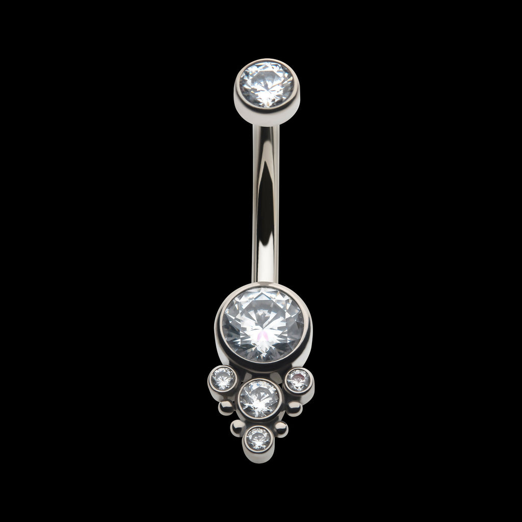 Internally Threaded with Beaded Bezel Set CZ Terraced Cluster Navel Curve Earring / Nosering – Titanium