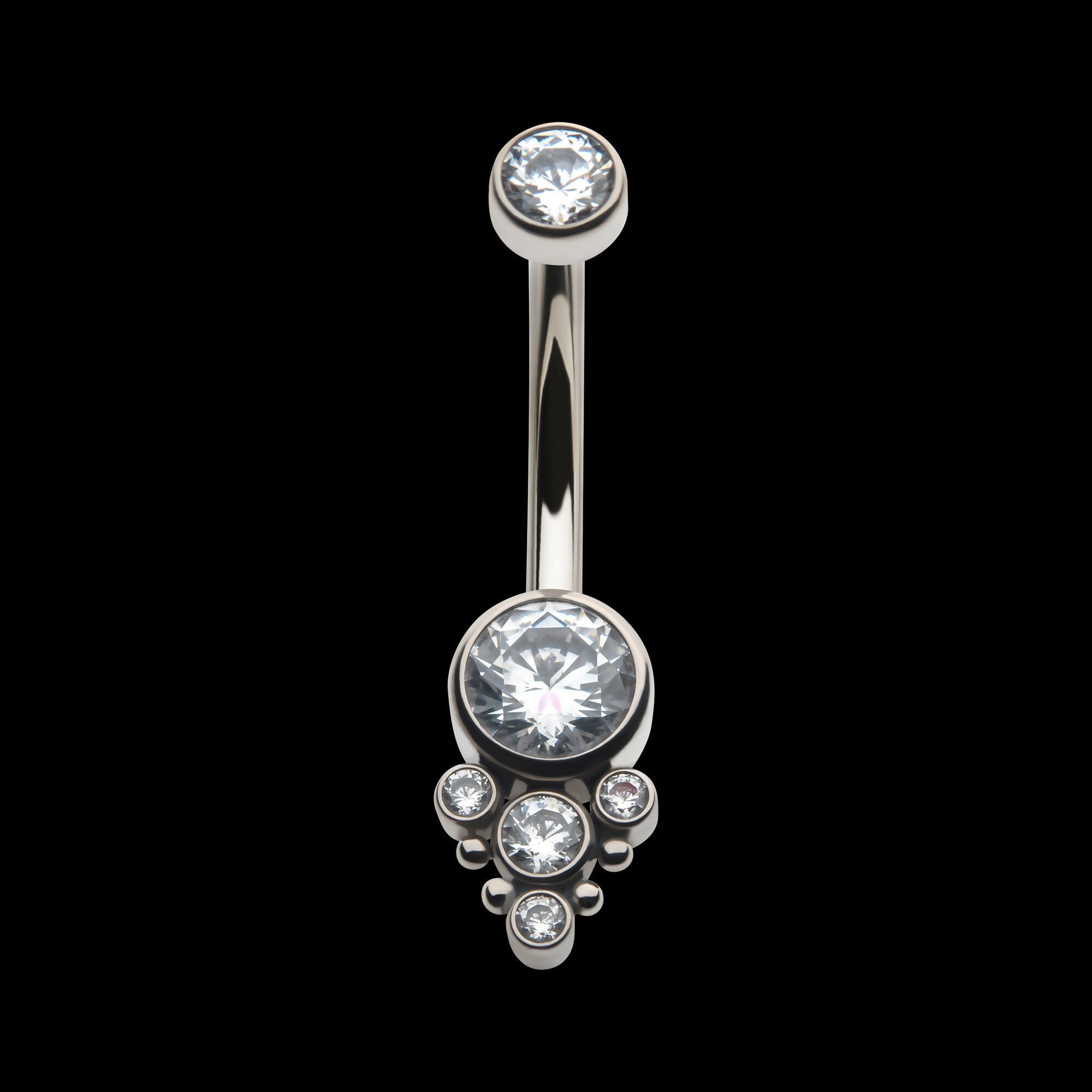 Internally Threaded with Beaded Bezel Set CZ Terraced Cluster Navel Curve Earring / Nosering – Titanium