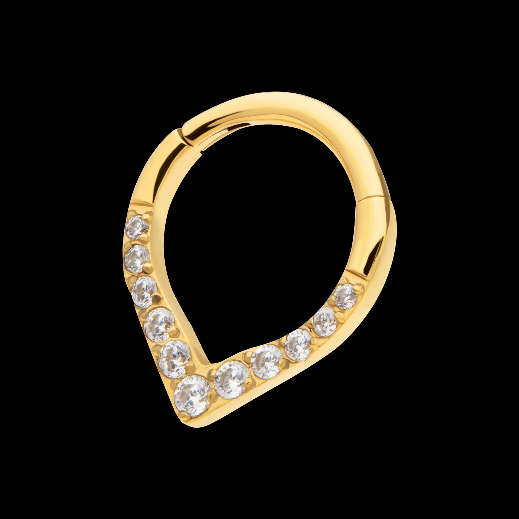 24Kt Gold PVD Titanium CNC Set Gem Front Facing Teardrop Shape Hinged Segment Clicker Hoop Earring / Nosering