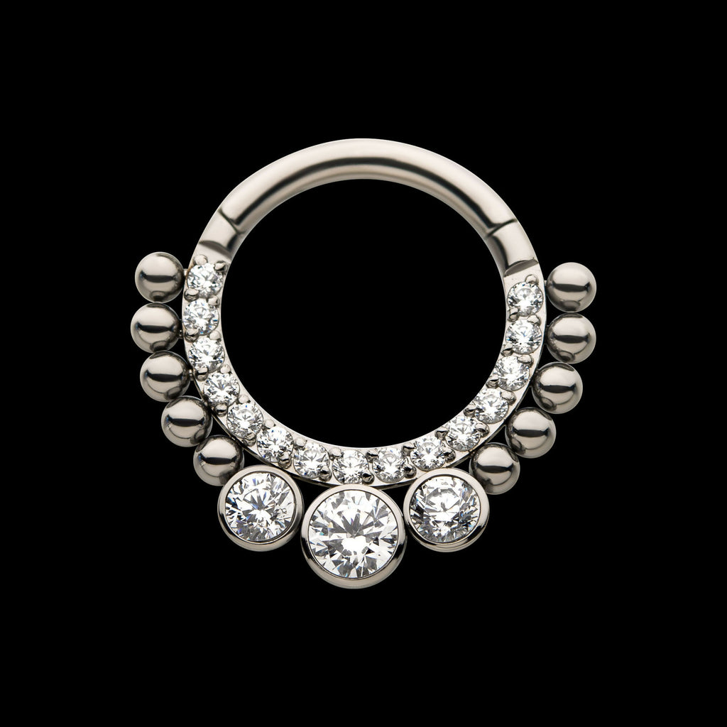 10-Beaded Bezel Set Gem Front Facing Hinged Segment Clicker Hoop Earring / Nosering – Titanium