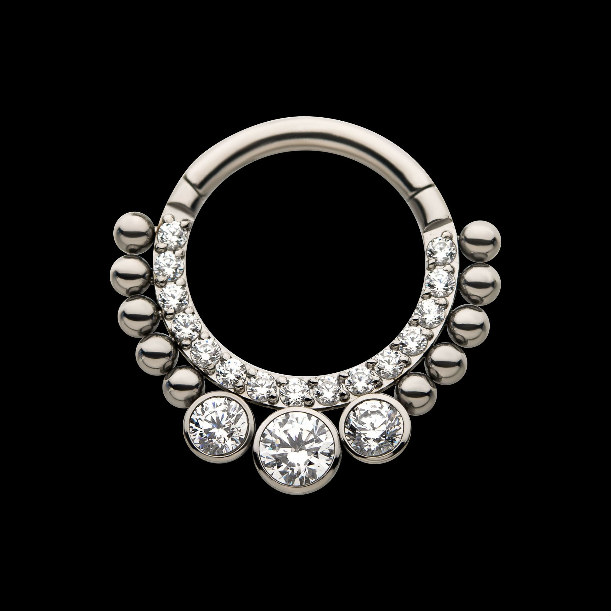 10-Beaded Bezel Set Gem Front Facing Hinged Segment Clicker Hoop Earring / Nosering – Titanium