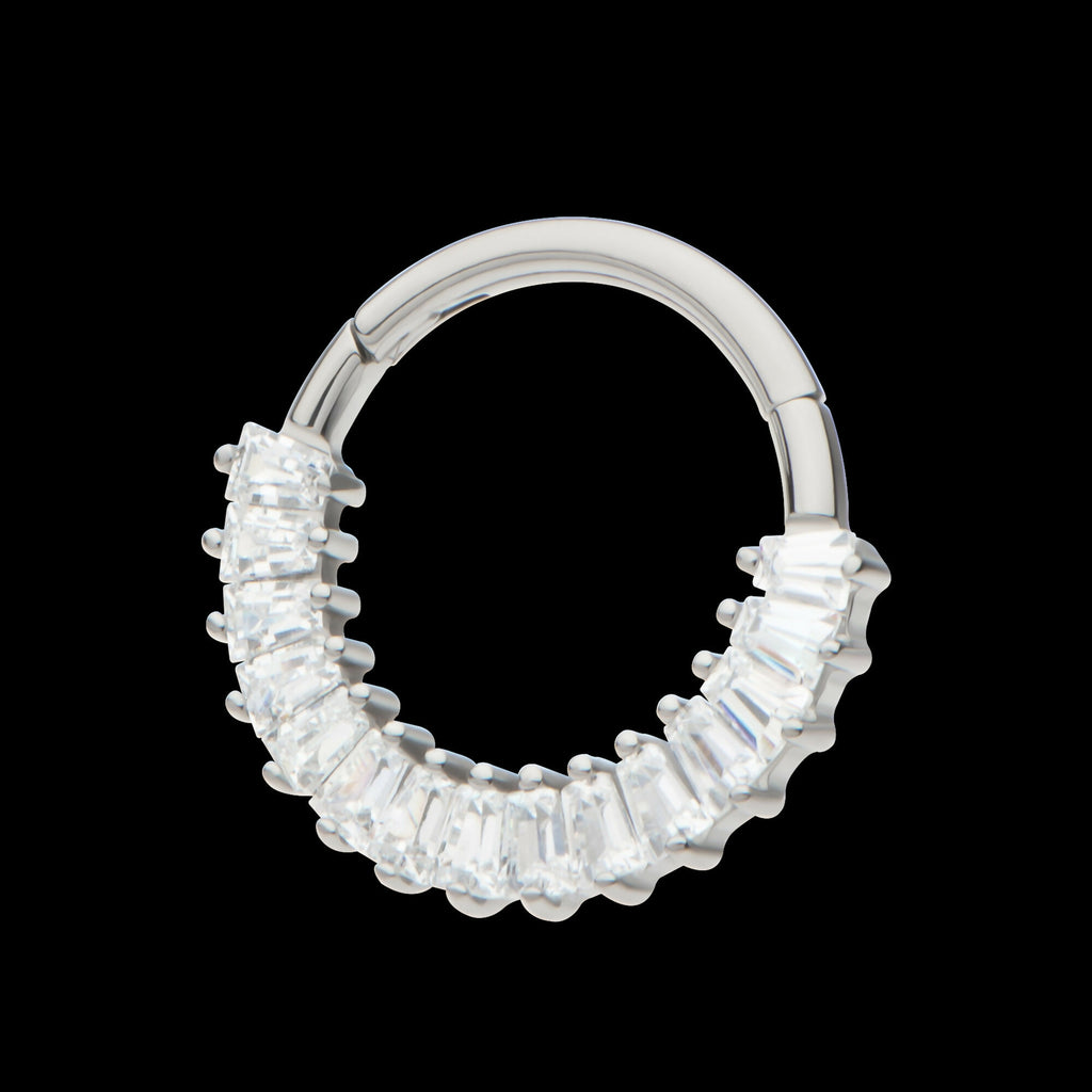 Pronged Baguette CZ Cluster Front Facing Hinged Segment Clicker Hoop Earring / Nosering – Titanium