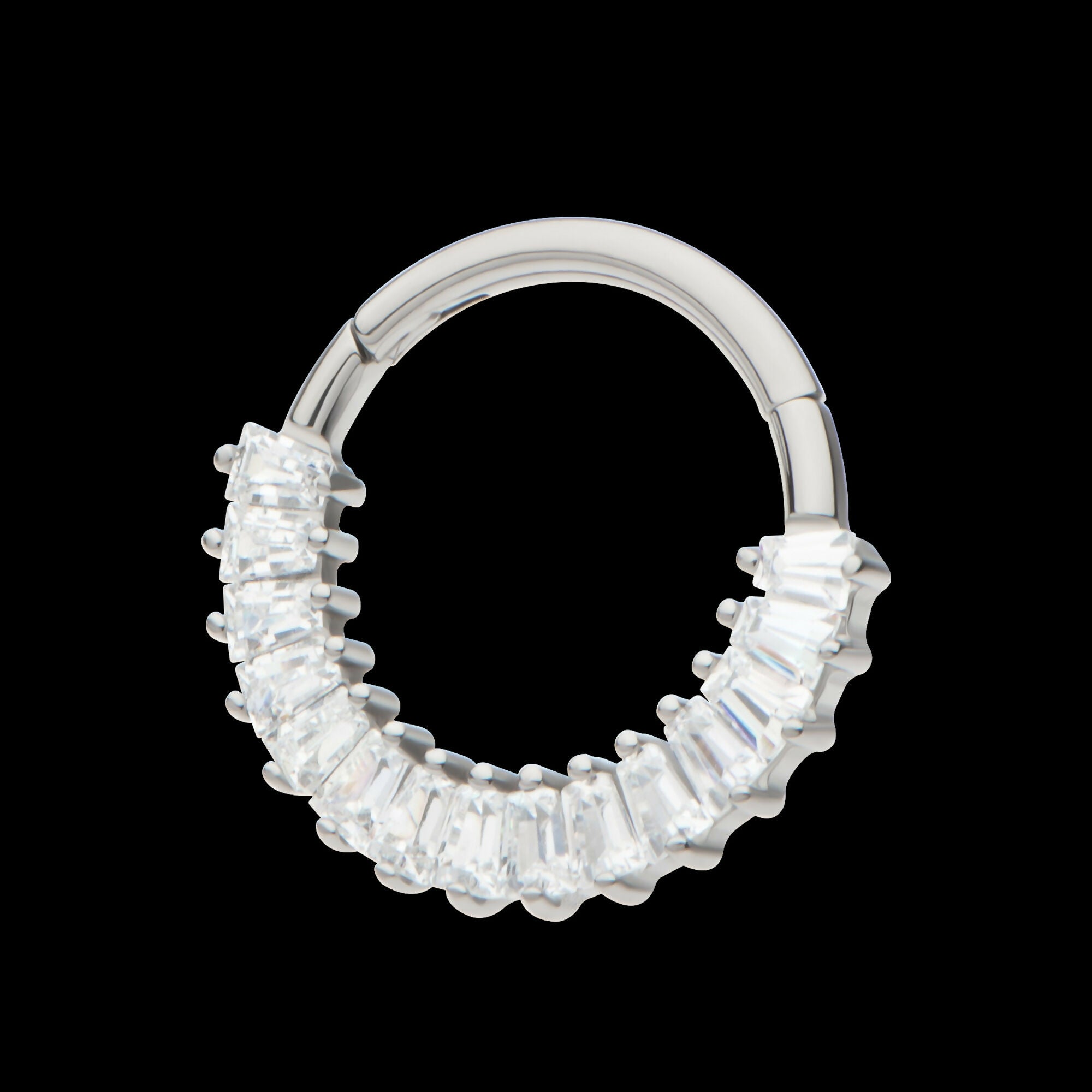 Pronged Baguette CZ Cluster Front Facing Hinged Segment Clicker Hoop Earring / Nosering – Titanium