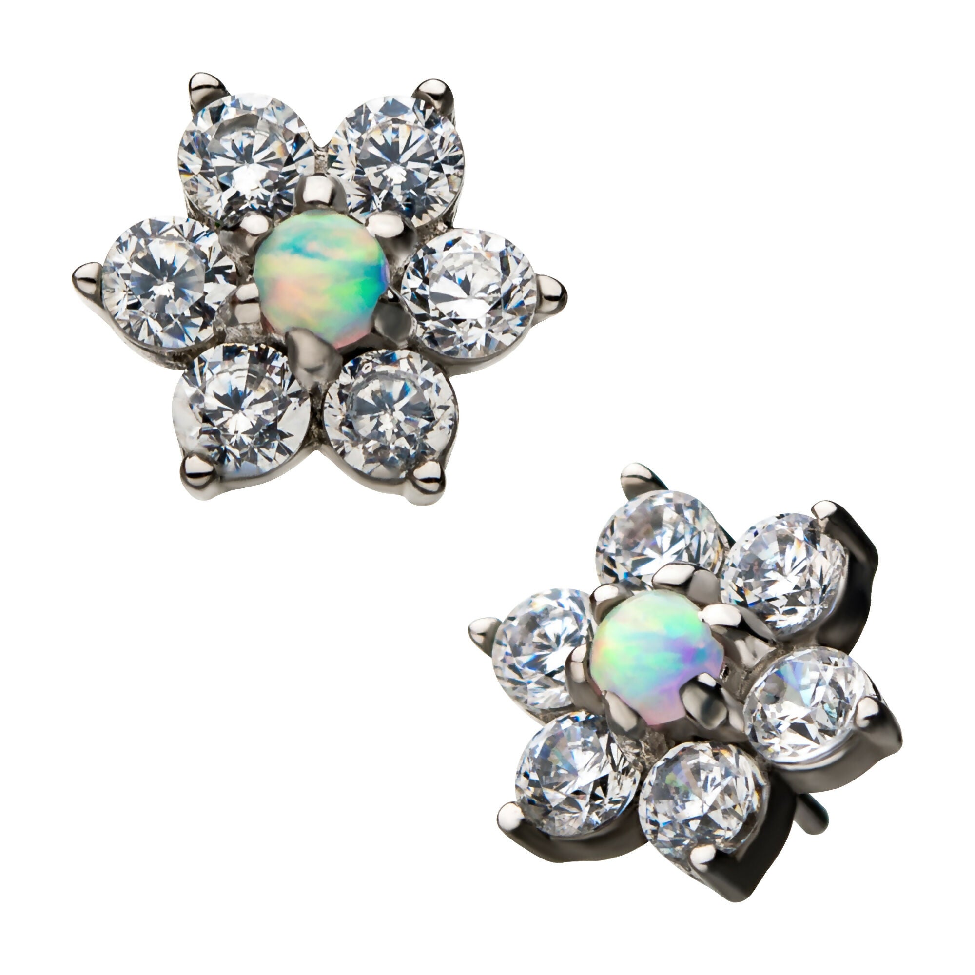 6-Clear CZs and White Synthetic Opal Flatback Stud Earring / Nosering - Synthetic Opal & Clear CZ & Opal in 14Kt White Gold