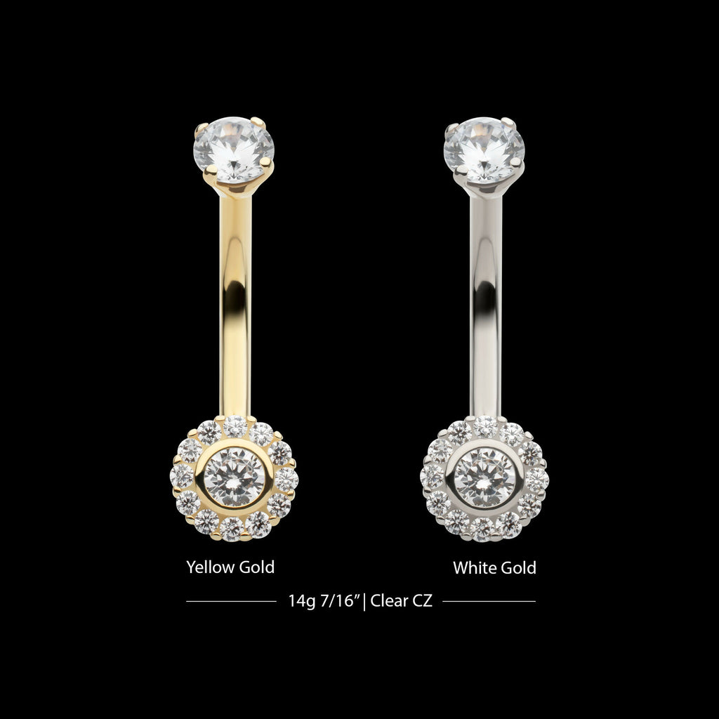 Internally Threaded Multi Clear CZ Flower Shape Fixed Bottom Navel Earring / Nosering – 14Kt Gold