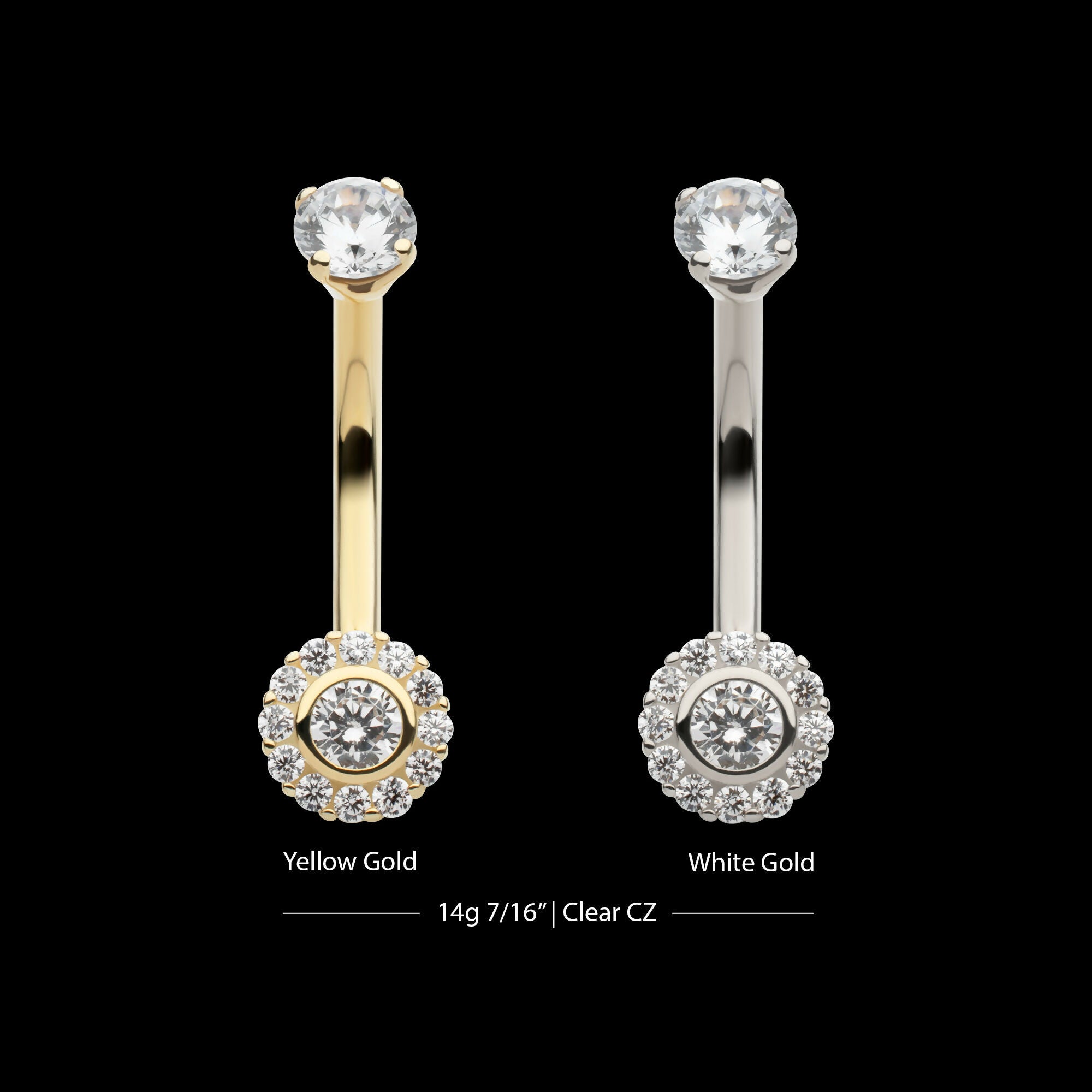 Internally Threaded Multi Clear CZ Flower Shape Fixed Bottom Navel Earring / Nosering – 14Kt Gold