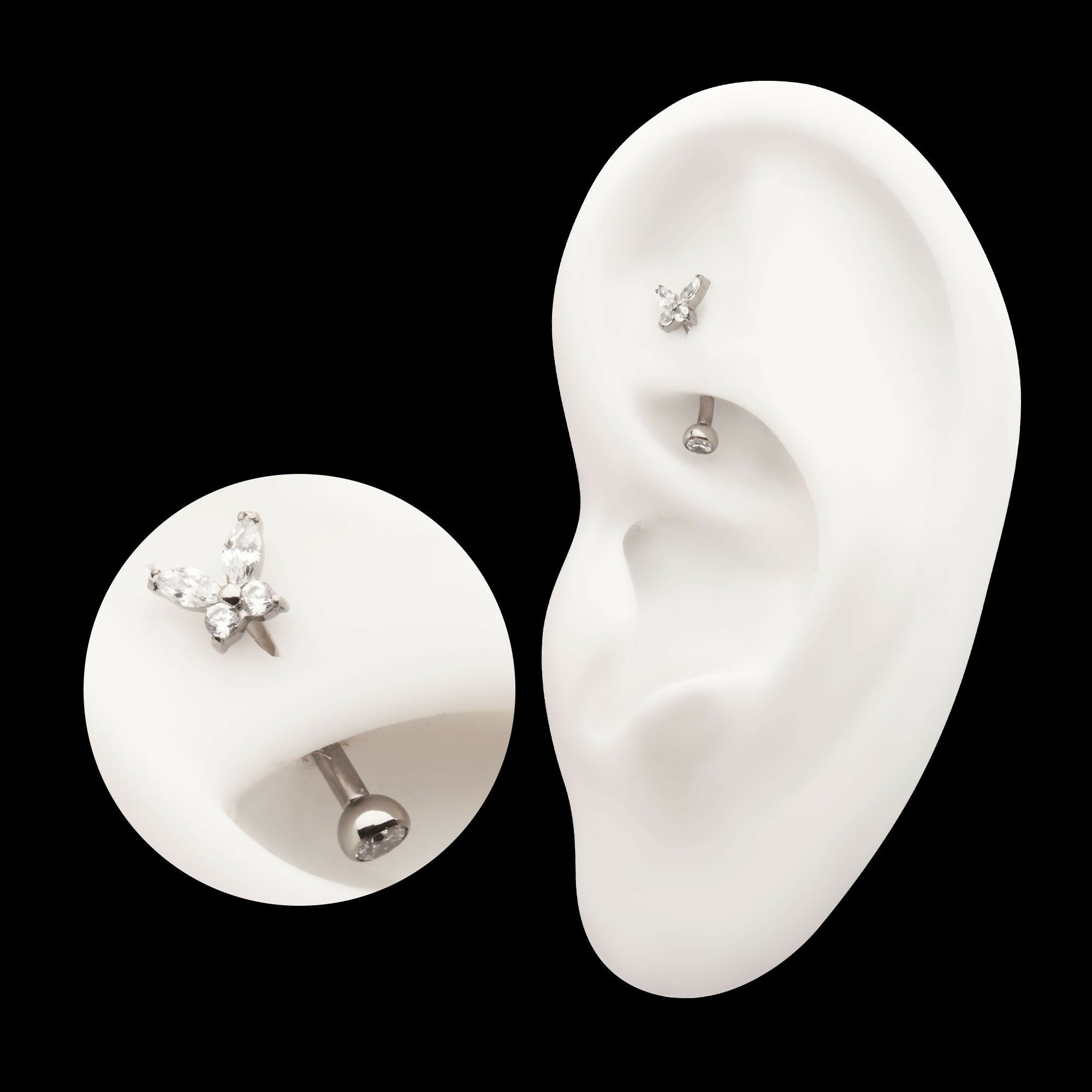 Internally Threaded Butterfly Fixed Top Curved Barbell with Prong Set Marquise & Round Gem Earring / Nosering – Titanium