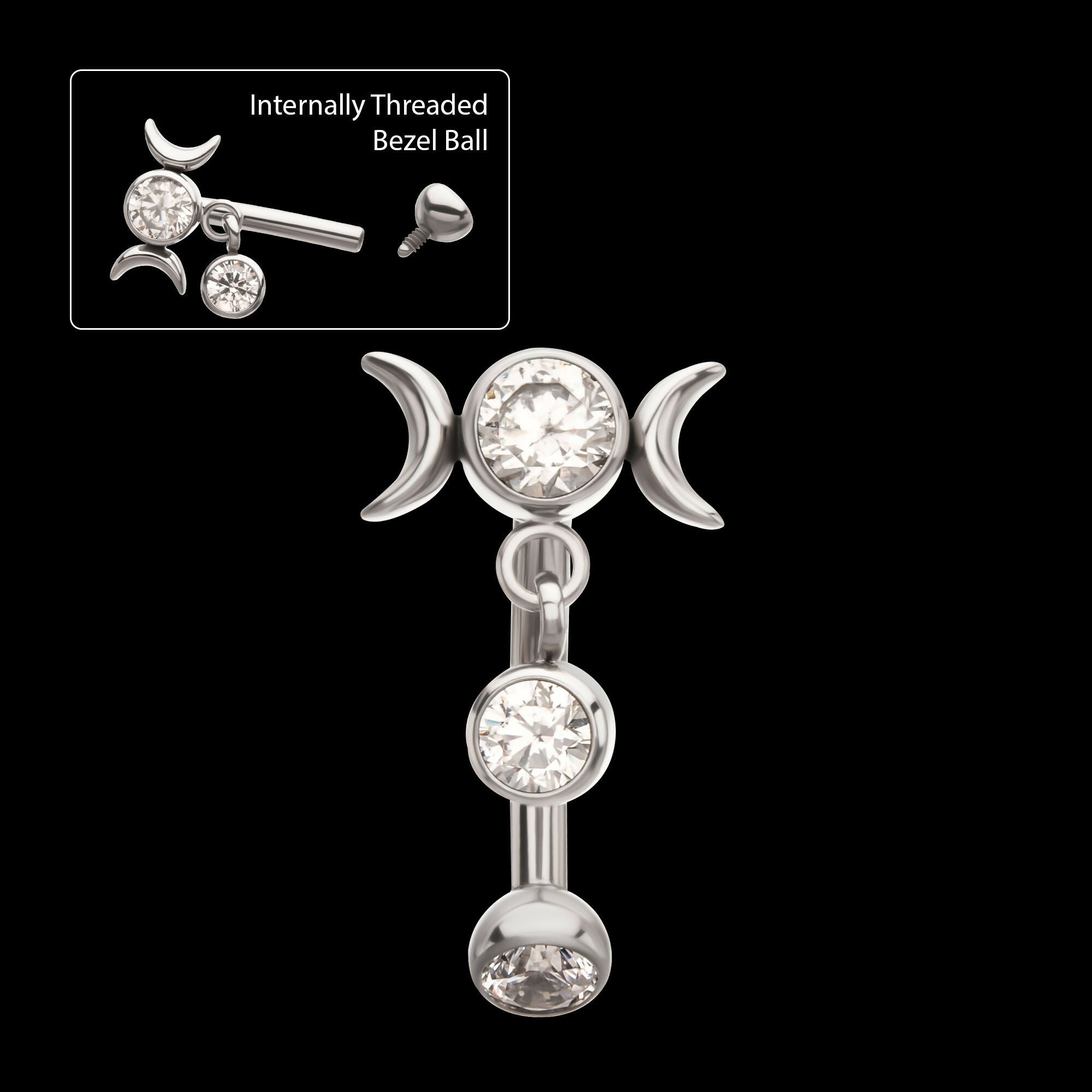 Internally Threaded Gem Triple Moon Phase Fixed Top Curved Barbell with Floating Bezel CZ Dangle Earring / Nosering – Titanium