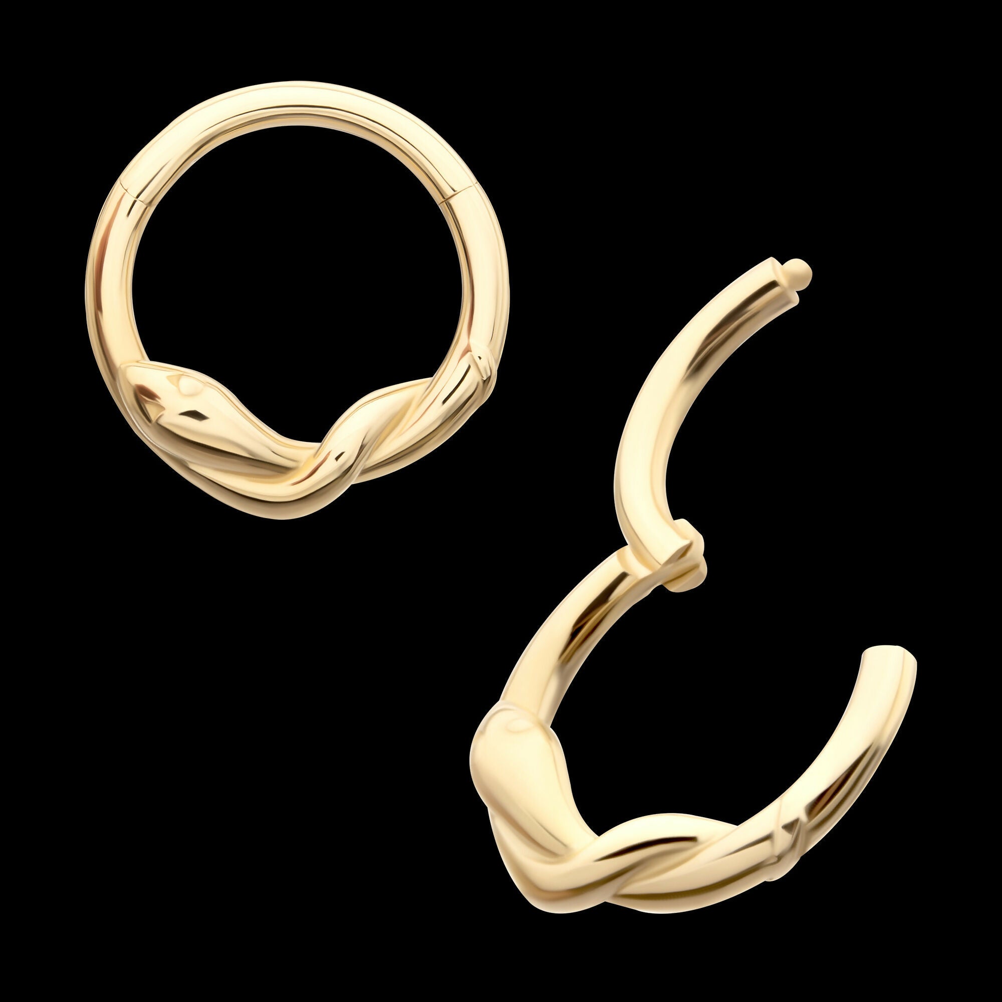 Snake Twisted Front Facing Hinged Segment Clicker Hoop Earring / Nosering – 14Kt Yellow Gold