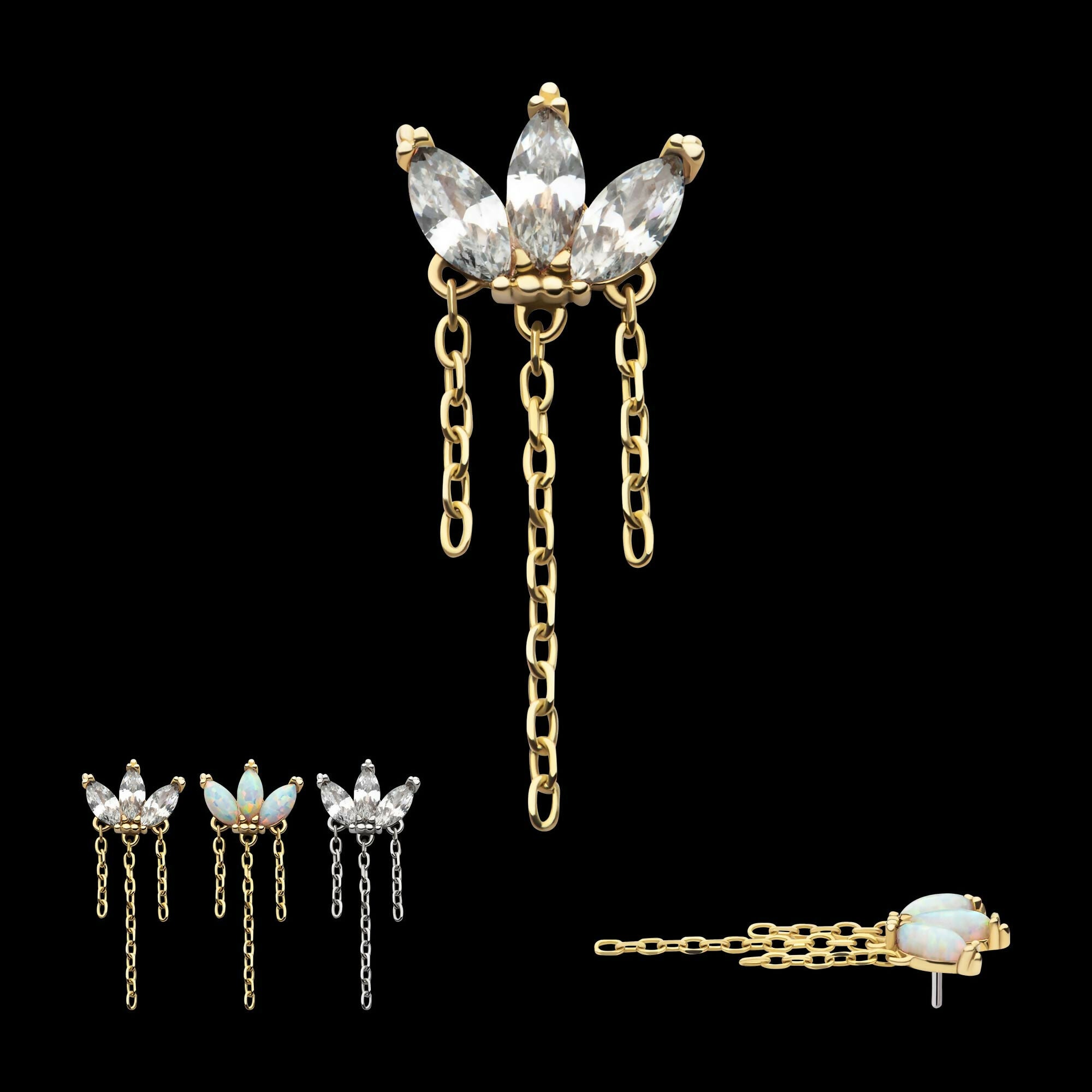 14Kt Gold Threadless 3 Cluster Fan Shape Marquise CZ/Opal Top with Dangle Triple Chain