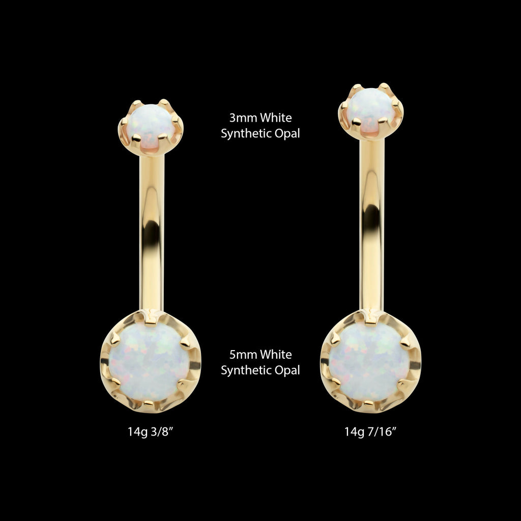 Internally Threaded Double Round 6-Prong White Opal Fixed Bottom Navel Earring / Nosering – 14Kt Yellow Gold