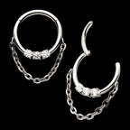 3-Cluster Prong Set Round CZ Front Facing Hinged Segment Clicker with Dangle Chain Hoop Earring / Nosering – Titanium