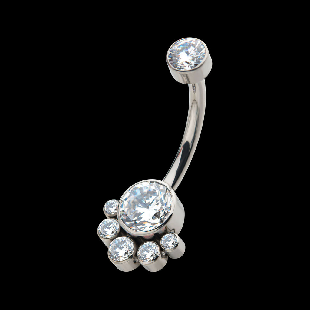 Internally Threaded with 5 Bezel Set Round CZ/Synthetic Opal Terraced Cluster Fixed Navel Earring / Nosering – Titanium