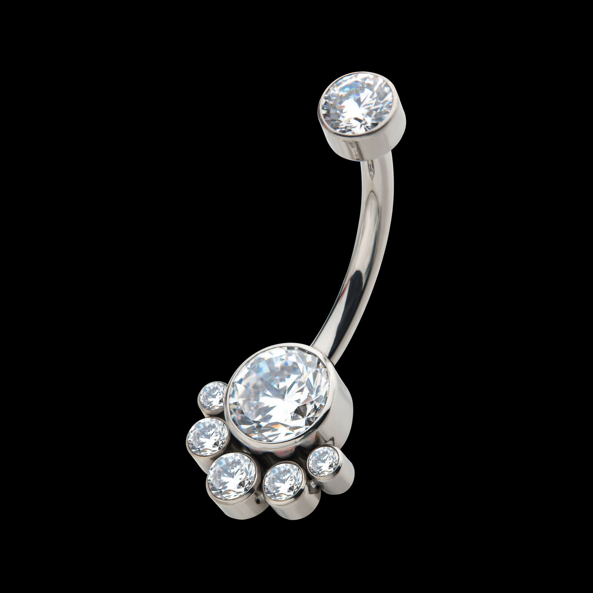 Internally Threaded with 5 Bezel Set Round CZ/Synthetic Opal Terraced Cluster Fixed Navel Earring / Nosering – Titanium