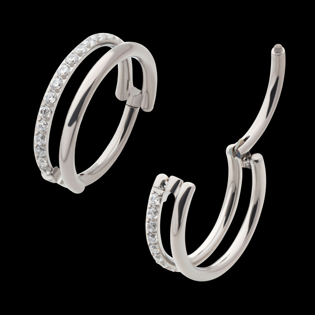 Side Facing Hinged Segment Clicker with Single Hoop Full Clear CNC Set Round CZ Earring / Nosering – Titanium