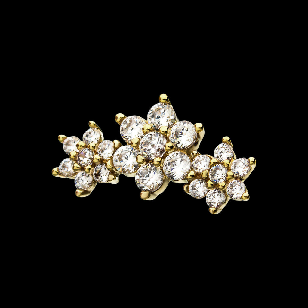 14kt Gold Threadless Prong Set Multi-Clear CZ Tri-Flower Top