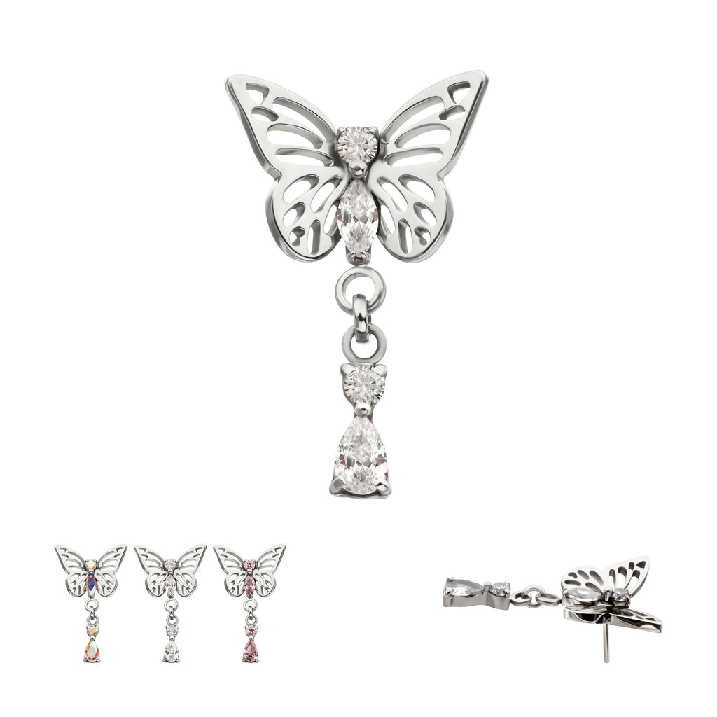 Butterfly with Prong Set 2-Gem Dangle Flatback Stud Earring / Nosering - Gem in Titanium