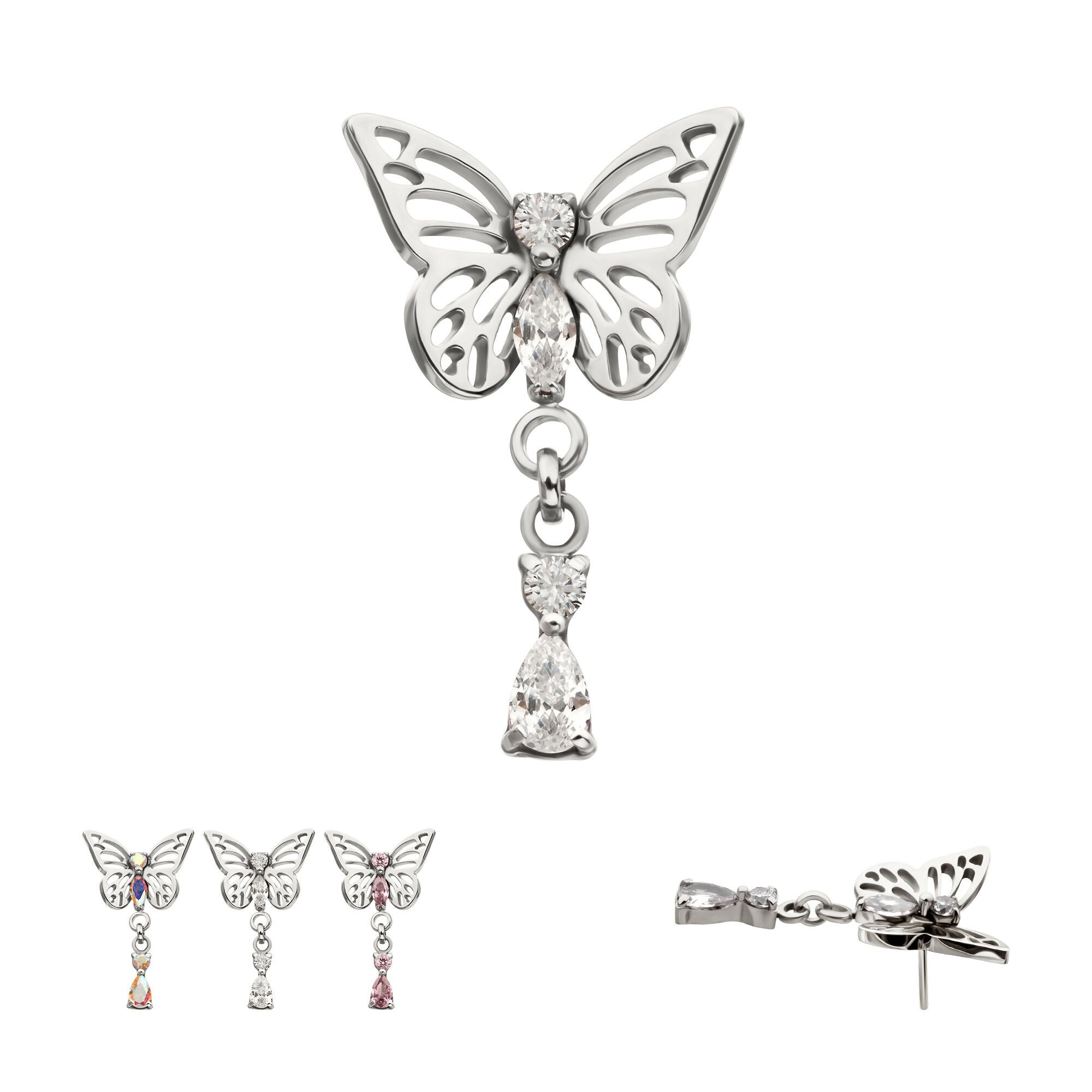 Butterfly with Prong Set 2-Gem Dangle Flatback Stud Earring / Nosering - Gem in Titanium
