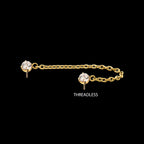 24Kt Gold PVD Titanium Threadless Double Prong Set Gem Top with Rolo Chain Dangle