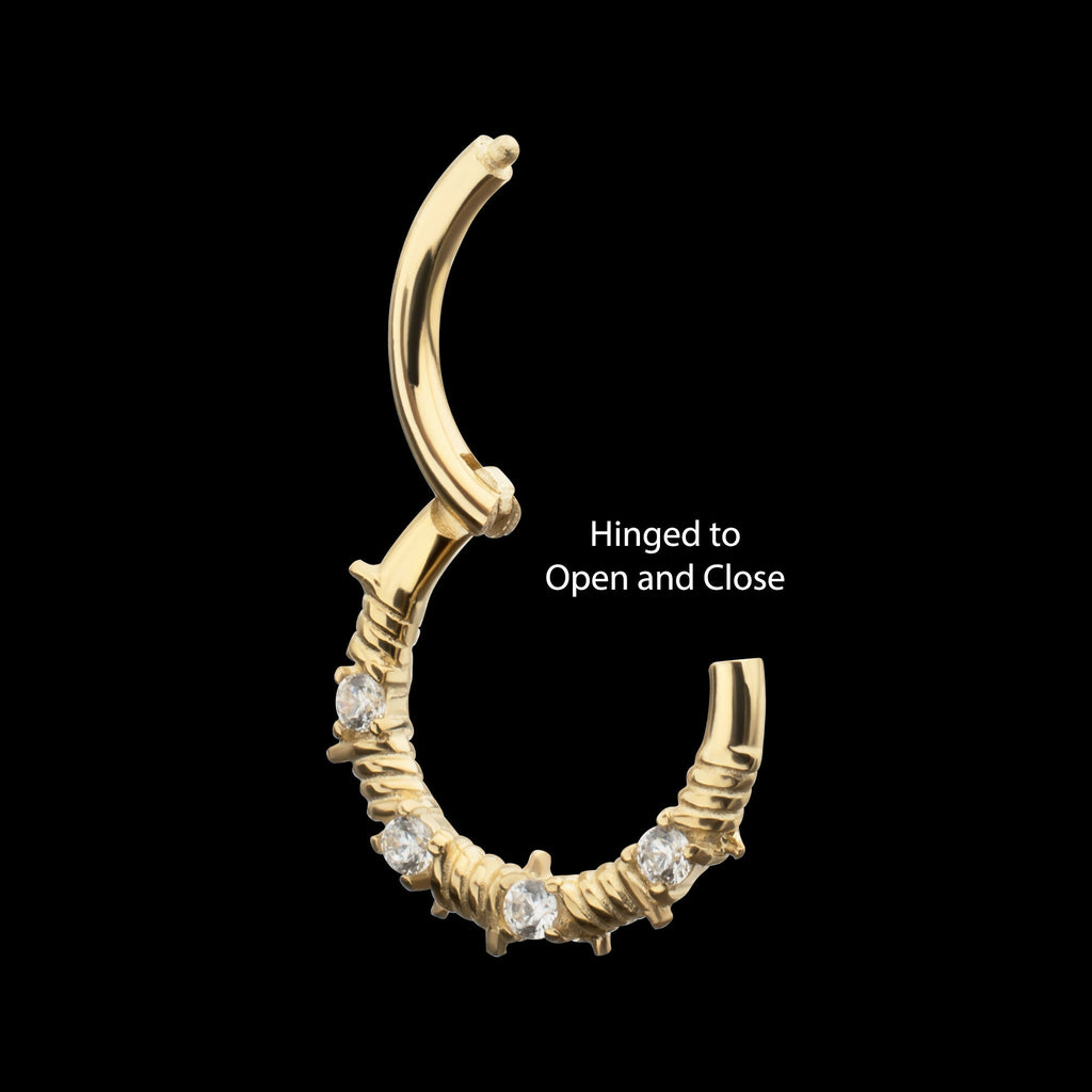 Barbed Wire Wrap with Prong Set Gem Front Facing Hinged Segment Clicker Hoop Earring / Nosering – 14Kt Yellow Gold