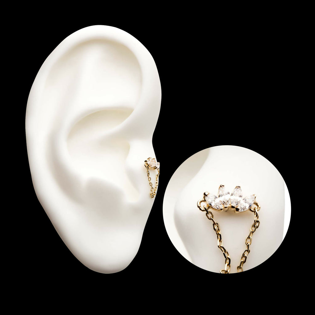 14Kt Yellow Gold Threadless Prong Set 4 Clear CZ Marquise Top with Dangling Chain