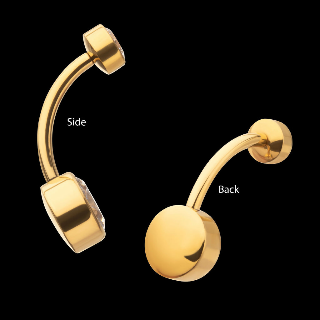 24Kt Gold PVD Titanium Internally Threaded Double Bezel Round with Smooth Rounded Back & Fixed Bottom Navel Earring / Nosering