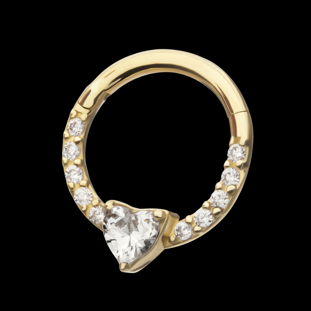 3mm Prong Set Heart with 1mm CNC Set Round Gem Front Facing Hinged Segment Clicker Hoop Earring / Nosering – 14Kt Gold