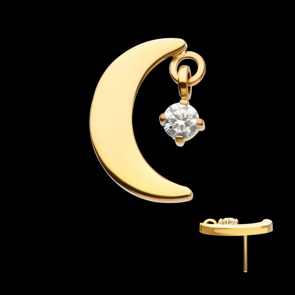 24Kt Gold PVD Titanium Threadless Crescent Moon Top with Dangle Pronged Round CZ
