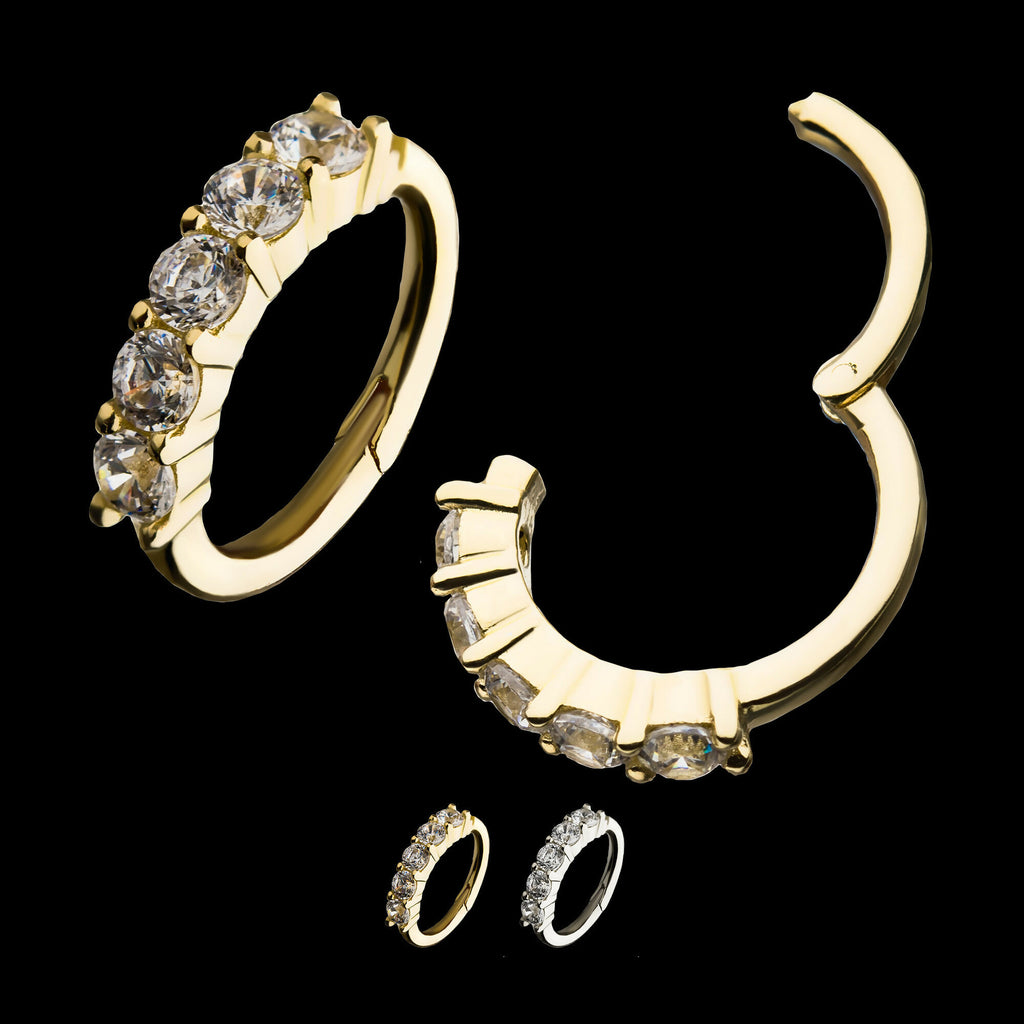 Prong Set 5-Clear CZ Gem on Top Hinged Segment Clicker Hoop Earring / Nosering – 14Kt Gold