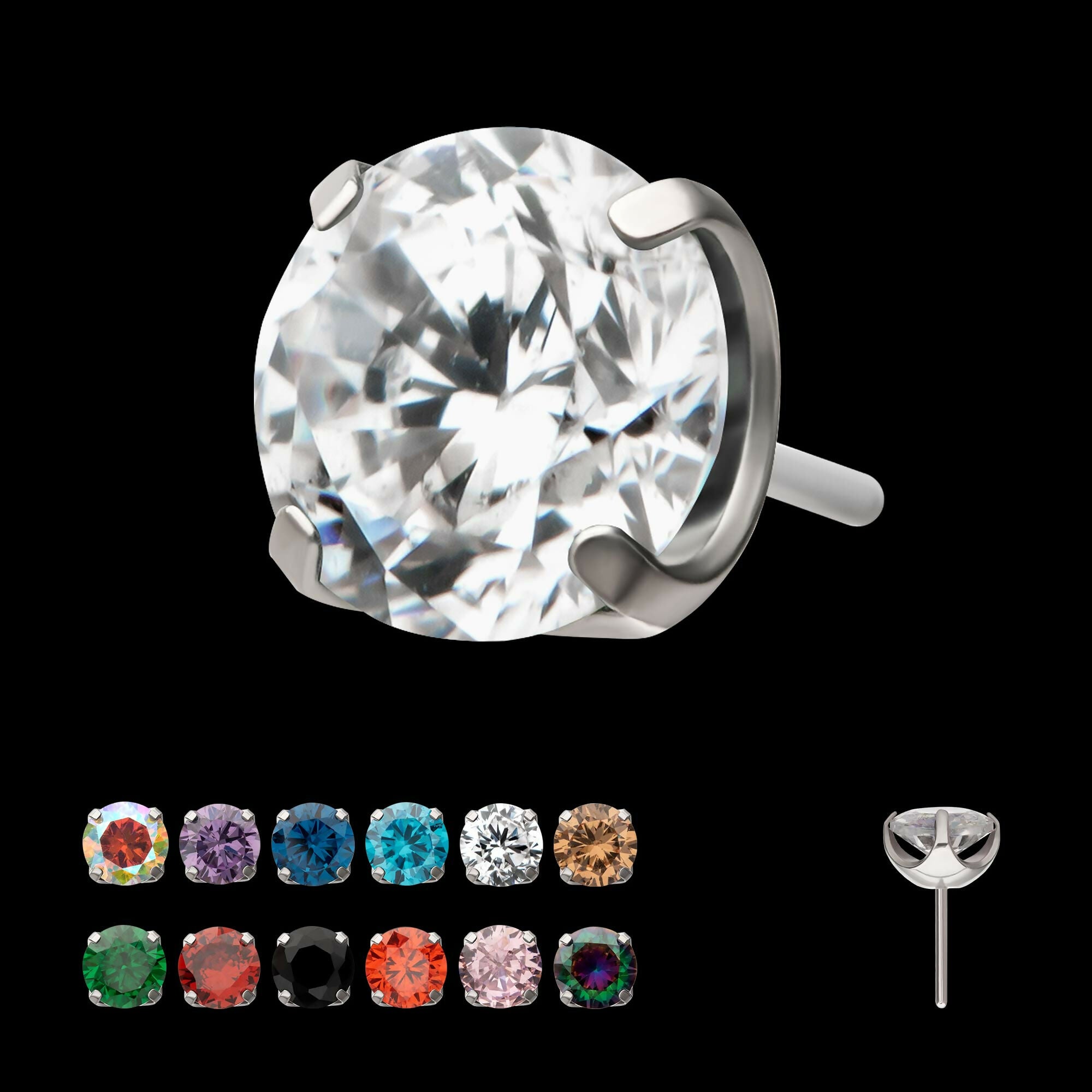 Titanium Threadless Low Profile 4 Prong Round Gem Top