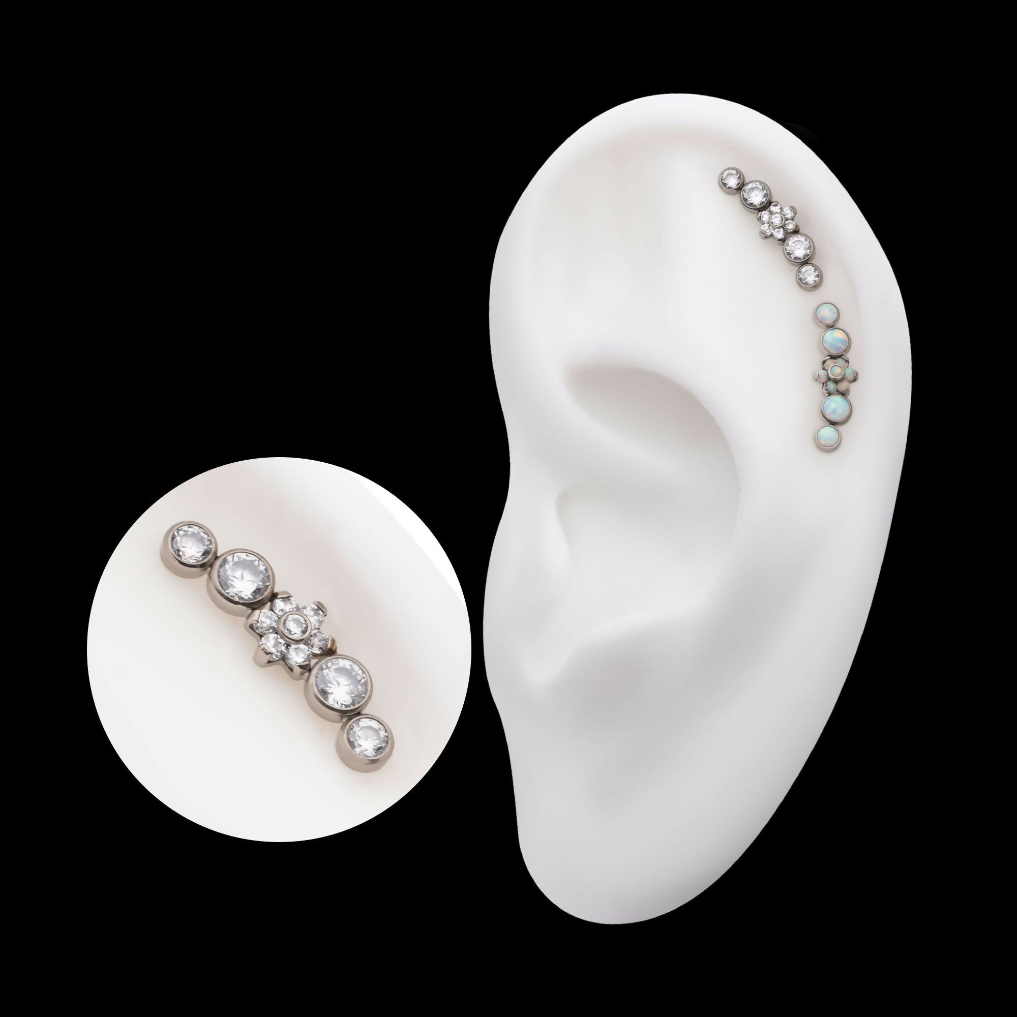 Titanium Threadless Prong Set Flower with Bezel Set Round CZ/Opal Cluster Top