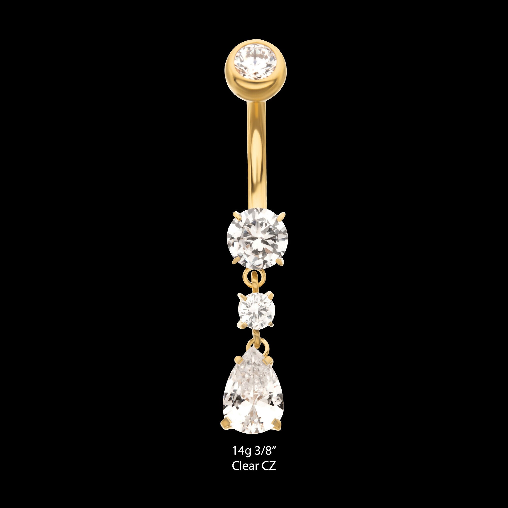 24Kt Gold PVD Titanium Internally Threaded Prong Set Round and Triple Marquise Fan Navel with Gem Dangle Earring / Nosering