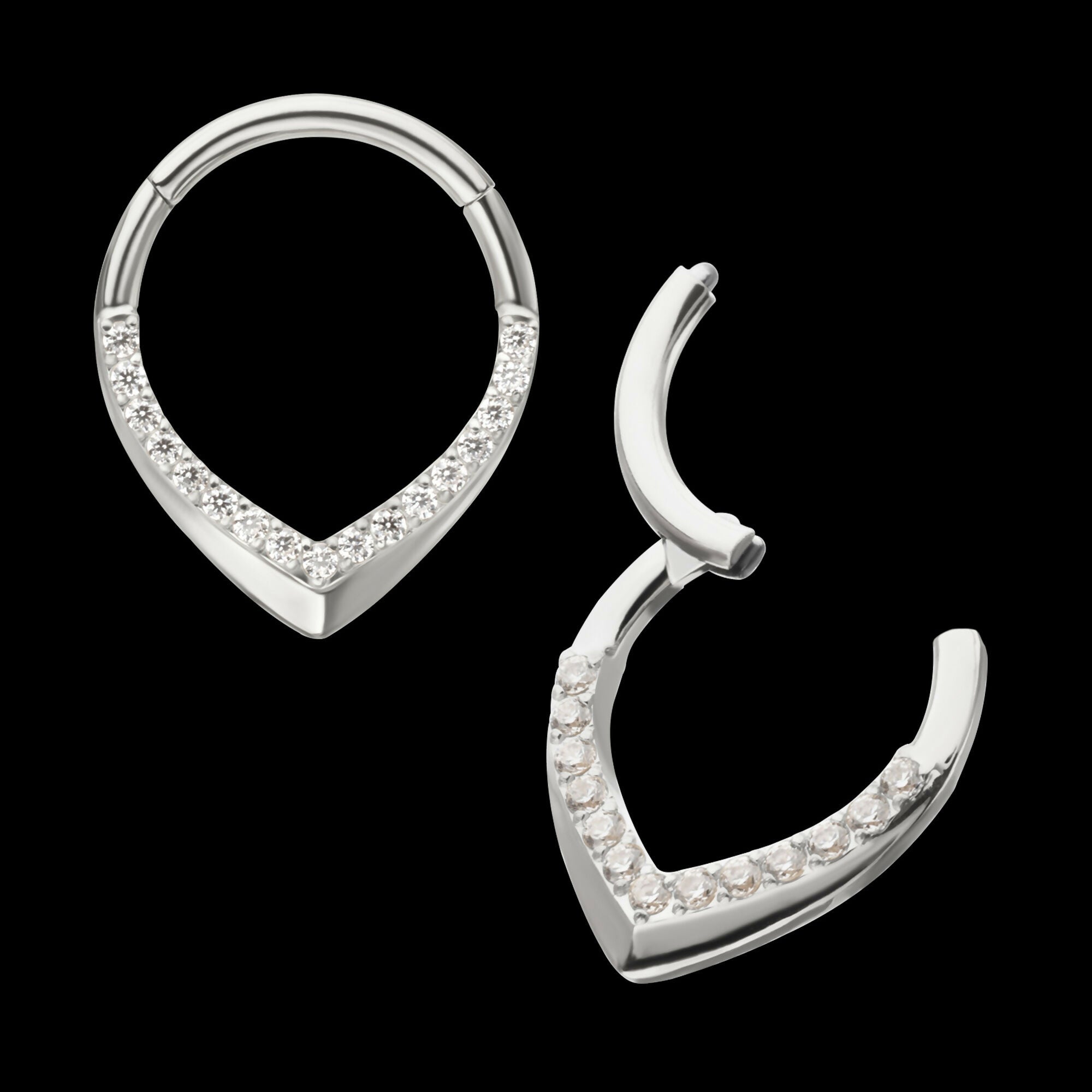 Pave Gem V-Shape Front Facing Hinged Segment Clicker Hoop Earring / Nosering – Titanium