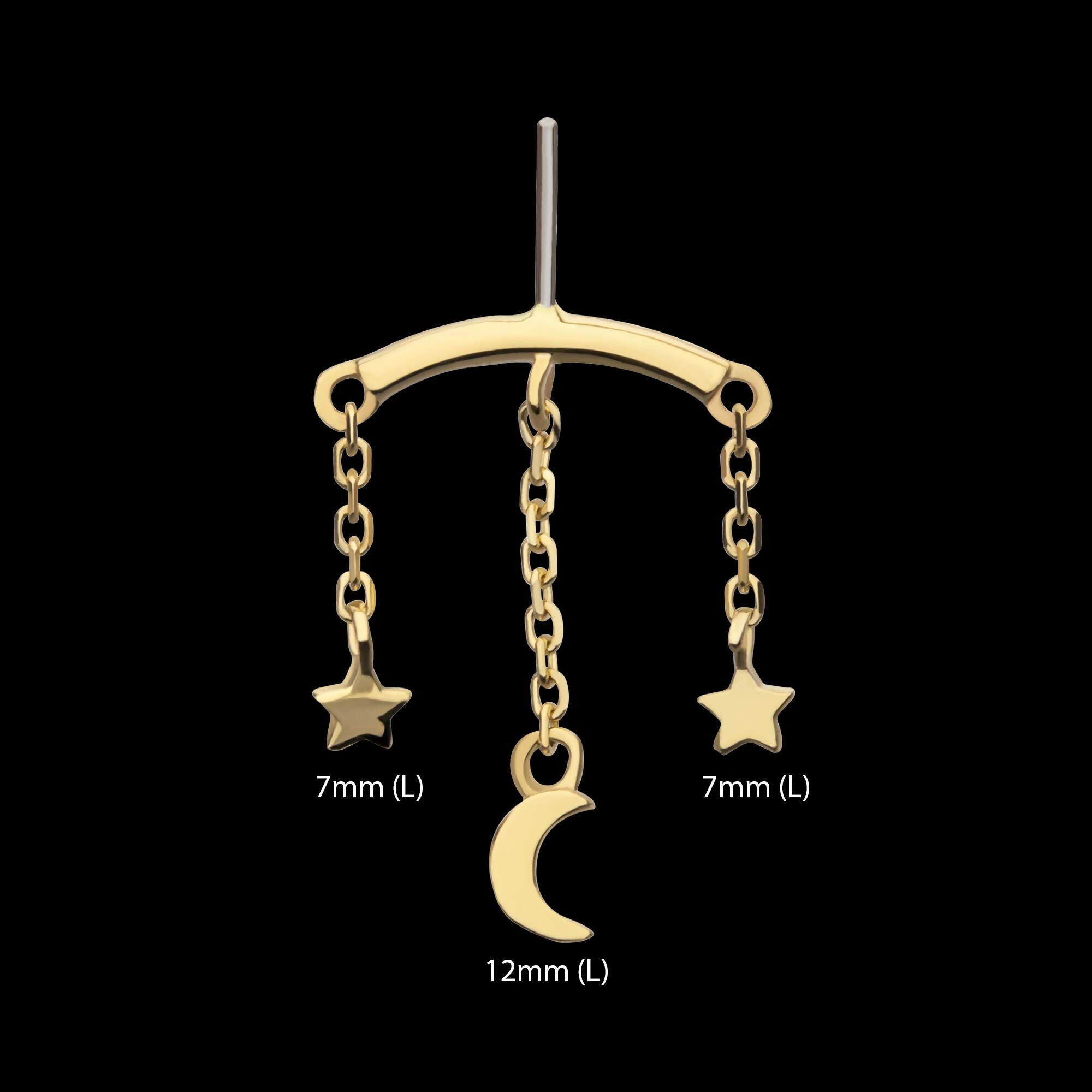 14Kt Yellow Gold Threadless Hidden Helix Curved Bar Top with Crescent Moon and Stars Chain Dangle
