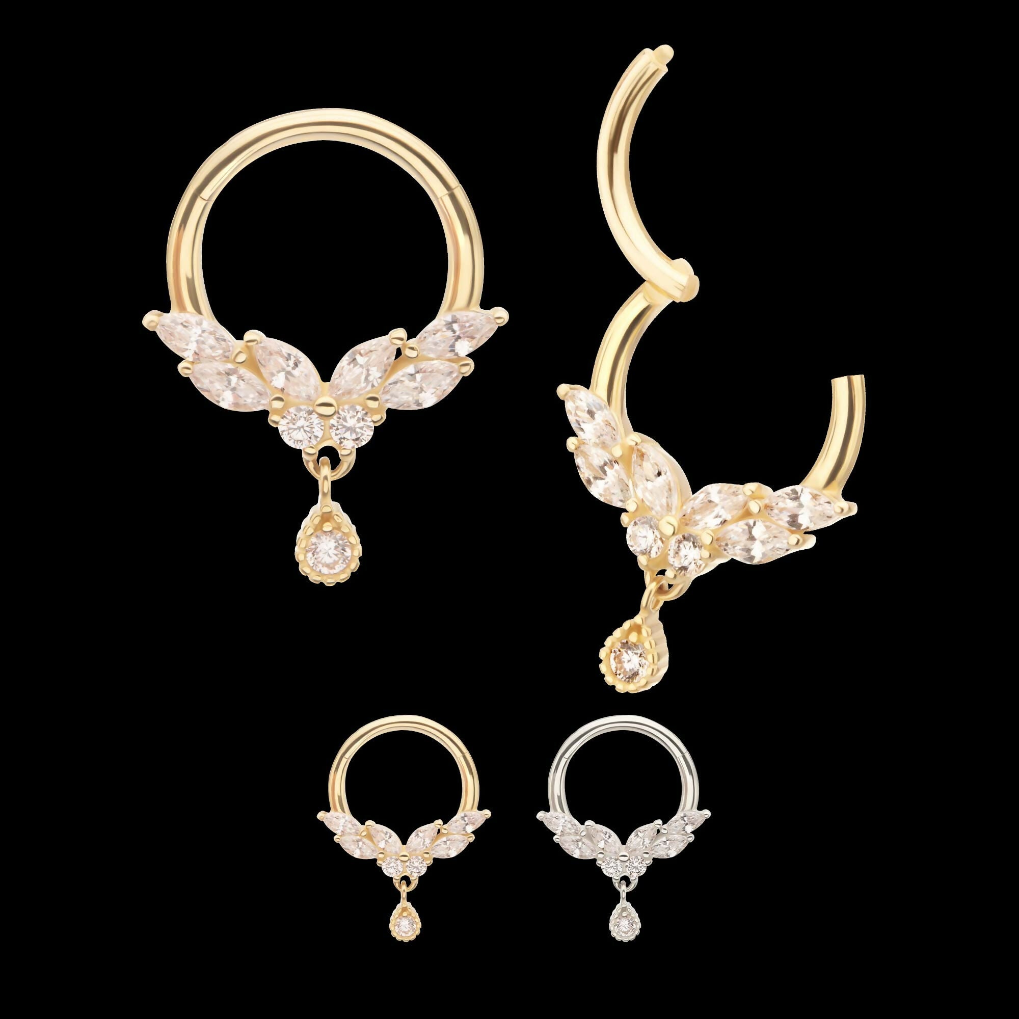 14Kt Gold Marquise Cluster Butterfly with Gem Dangle Front Facing Hinged Segment Clicker