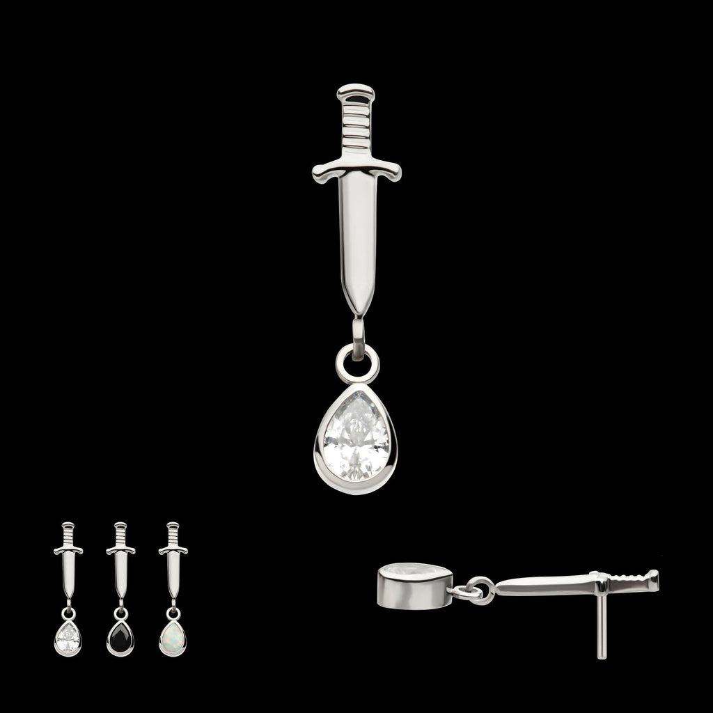 Titanium Threadless Dangle Bezel Teardrop Gem Dagger Top
